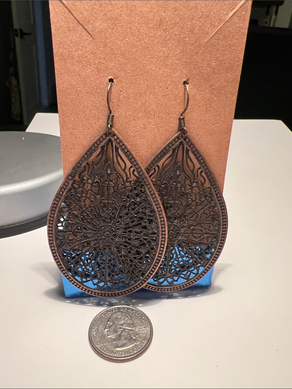 Filigree Teardrop Dangle Earrings in Antique Copper